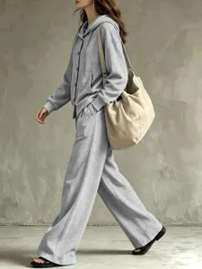 Casual autumn grey hooded cardigan and wide leg pants two-piece set, cozy loose daily wear detail.