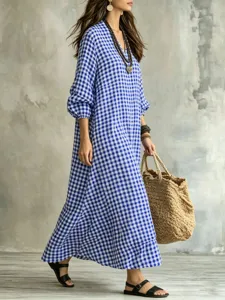 Blue white gingham detail, V-neck lantern sleeves, elegant casual long dress scene view