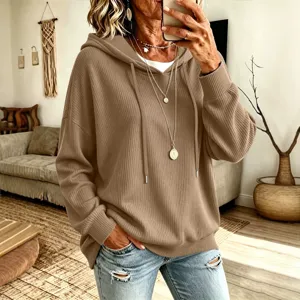 Damen einfarbige Kordelzug Kapuze Strickpullover Freizeit lose langarm Oberteil