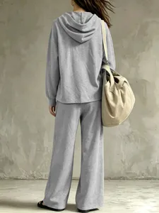 Casual grey hoodie and wide leg pants set detail view, comfortable autumn loungewear outfit