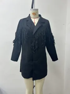Detail of black fringe lapel jacket long sleeve vintage casual outerwear close up view.