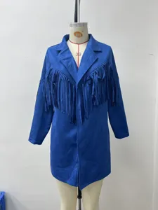 Blue suede fringe jacket detail, vintage long sleeve cardigan coat for women fashion.