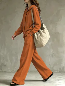 Women fall casual two piece hooded cardigan coat and high waist wide leg pants tracksuit set.