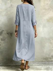 Women casual long sleeve maxi dress loose fit retro bohemian style light blue apparel detail view