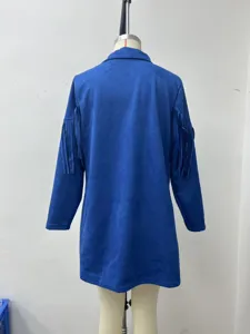 Detailed view of the blue long sleeve fringe cardigan coat, retro fashion casual style.