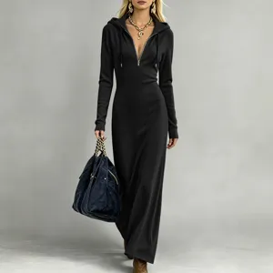 Black ribbed hooded maxi dress with front zip, long sleeves, and a slim fit design.