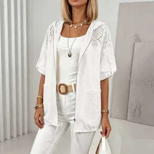 Veste courte capuche femme dentelle patchwork manches courtes cardigan zippe protection solaire