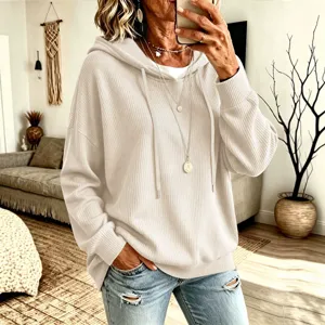 Einfarbiger Kapuzenpullover aus Strick mit Kordelzug für Damen, lässiges lockeres Oberteil.