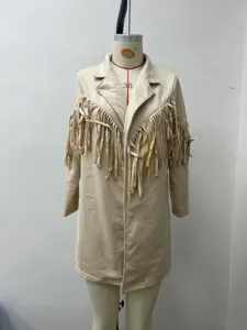 Women vintage fringe cardigan coat casual long sleeve outerwear beige fashion style detail