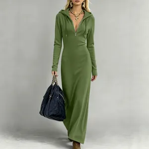 Green ribbed knit hooded maxi dress with half zipper, long sleeve casual floor-length dress.