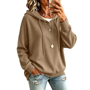 Damen einfarbige Kordelzug Kapuze Strickpullover Freizeit lose Sweatshirt Top neu