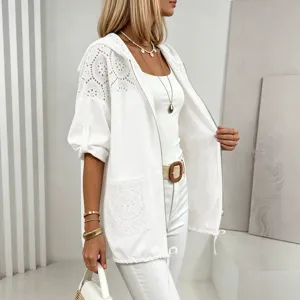 Cardigan court a capuche en dentelle blanche patchwork fermeture eclair protection solaire haut