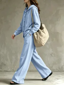 Casual loose hooded cardigan and high-waist wide-leg pants two-piece set, autumn style detail.