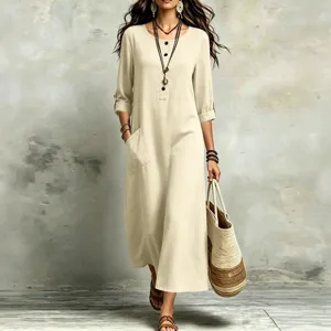 Women Vintage Bohemian Maxi Dress Loose Casual Polyester Roll Up Sleeve Long Dress With Large Pockets Button Round Neck Dress