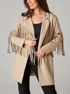 Beige fringe cardigan detail view, featuring long sleeves and vintage style for women.