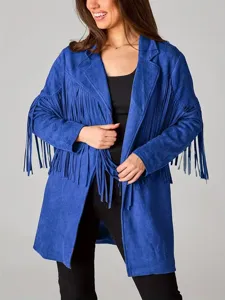 Women royal blue fringe suede cardigan jacket vintage casual outerwear long sleeve top