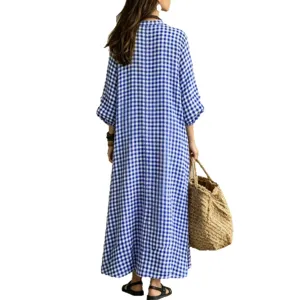 Casual blue white plaid long dress for women, loose V-neck maxi dress with lantern sleeves.