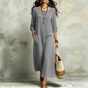 Casual long sleeve grey maxi dress with pockets, vintage bohemian style for women daily wear.