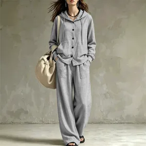 Women Casual Hooded Cardigan And Wide Leg Pants Set Long Sleeve Solid Color Zip Up Hoodie Sweatshirt Two Piece Outfit Polyester Blend