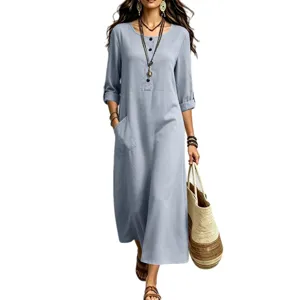 Casual loose long sleeve maxi dress for women with pockets and roll-up sleeves, bohemian style.