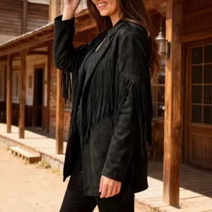 Women vintage black suede fringe jacket long sleeve open front western coat casual outerwear