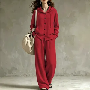 Women red hooded cardigan sweatshirt and wide leg pants tracksuit two piece set main view