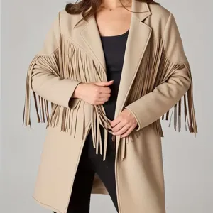 Women casual vintage beige fringe cardigan jacket long sleeve fashion outerwear main view.