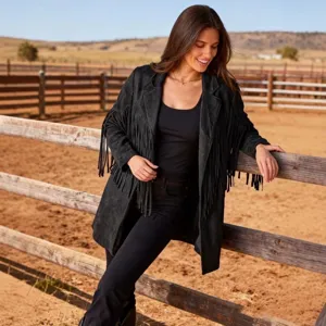 Womens black fringe suede jacket long sleeve vintage casual open front outerwear coat