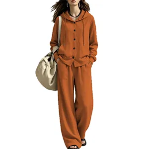 Autumn casual women hooded cardigan set, loose sweatshirt jacket and high-waist wide leg pants.