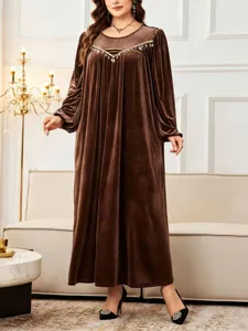 Plus size brown velvet maxi dress for women long sleeve elegant formal party long robe abaya