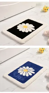 Fluffy daisy floor mat detail view showing soft tufted texture and vibrant color contrast variants.
