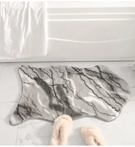 Grey irregular faux rabbit fur fluffy area rug, soft plush texture for bedroom bedside floor mat.