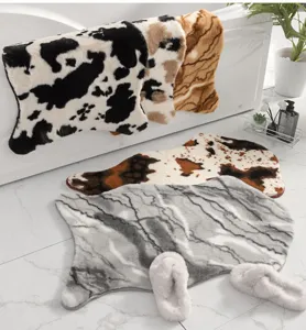 Faux rabbit fur soft area rug with cow and marble print, stylish bedside and living room mat.