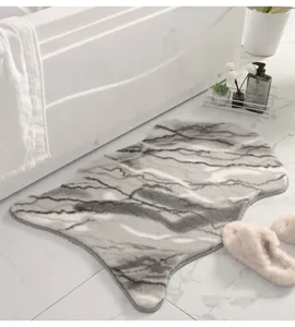 Grey faux rabbit fur rug with marble pattern, soft plush floor mat for bedroom and bathroom.