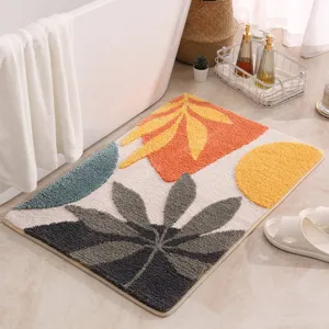 Tappeto da bagno tufted astratto, zerbino antiscivolo con motivo di piante geometriche per casa.