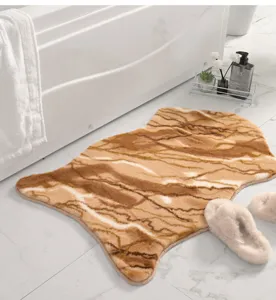Soft faux rabbit fur rug with abstract wave pattern, cozy irregular bedside floor mat.
