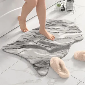 Grey marble pattern irregular plush floor mat, soft faux rabbit fur rug for bedroom and living room