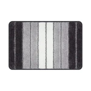 Absorbent bathroom floor mat with grey stripes, anti-slip design for home kitchen and door.