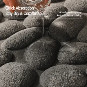 Grey memory foam pebble bath mat, ultra-absorbent non-slip floor rug for bathroom and bedroom.