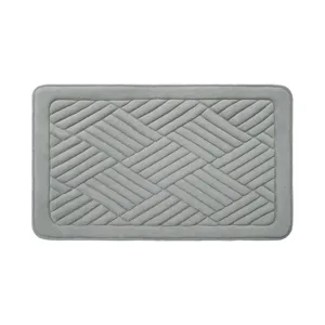 Grey coral velvet anti-slip bath mat, rectangular geometric embossed absorbent floor mat.