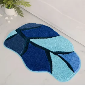 Blue abstract geometric plush bathroom mat, soft anti-slip rug for home door or toilet use.