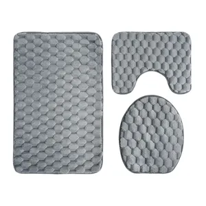 Juego de 3 alfombrillas de baño de franela gris con textura de panal, absorbente y antideslizante.