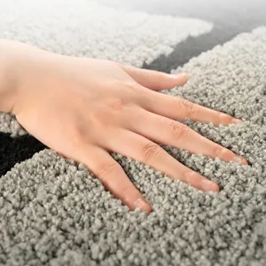 Thickened fluffy floor mat with soft touch, anti-slip grey and black rug for home bathroom.