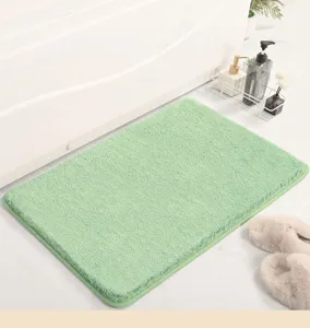 Detail view of the soft cake velvet thick floor mat in green, cozy home interior scene.