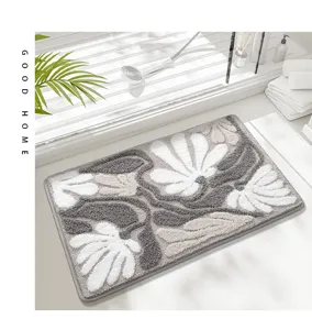 Absorbent anti-slip bathroom floor mat with grey and white floral pattern for home use.