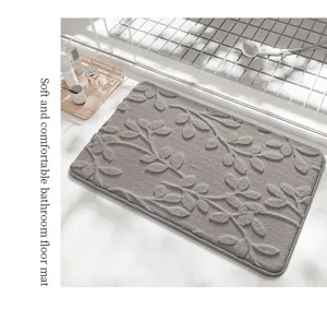 Soft comfortable grey bathroom floor mat with 3D leaf pattern plush surface non slip backing