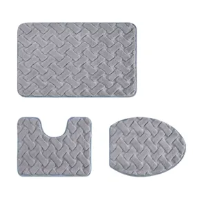Grey 3-piece plush bath mat set, faux rabbit fur thick non-slip toilet rug and lid cover.