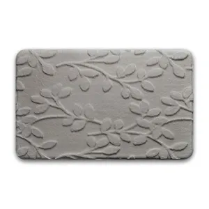 Grey faux rabbit fur leaf plush entrance floor mat with thick memory foam and anti-slip backing.