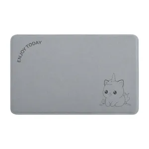 Grey absorbent bath mat with cute unicorn cat cartoon print and enjoy today text for home.