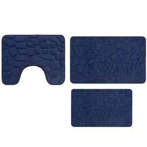Non-slip bath mat set of 3 pebble pattern absorbent sponge bathroom floor rugs navy blue
